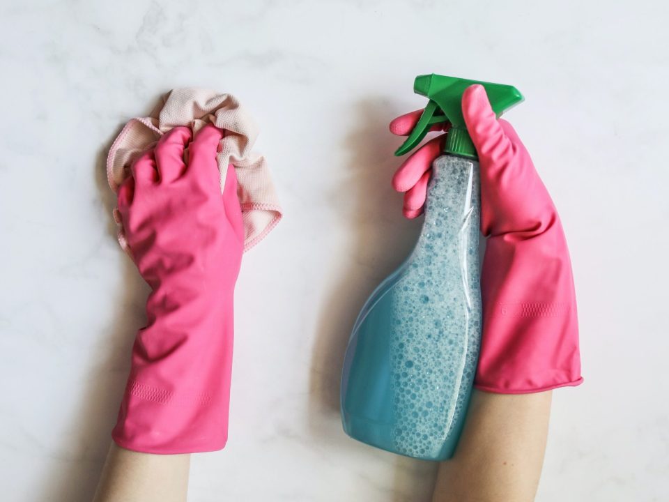 Exterminator wearing gloves and using pest control spray.