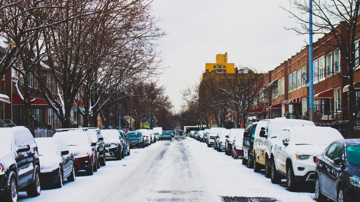 Snowy street lined with cars